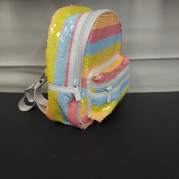 Claire’s Club Girls Pink Orange Yellow Revers Sequin Striped Mini Backpack - Picture 5 of 9